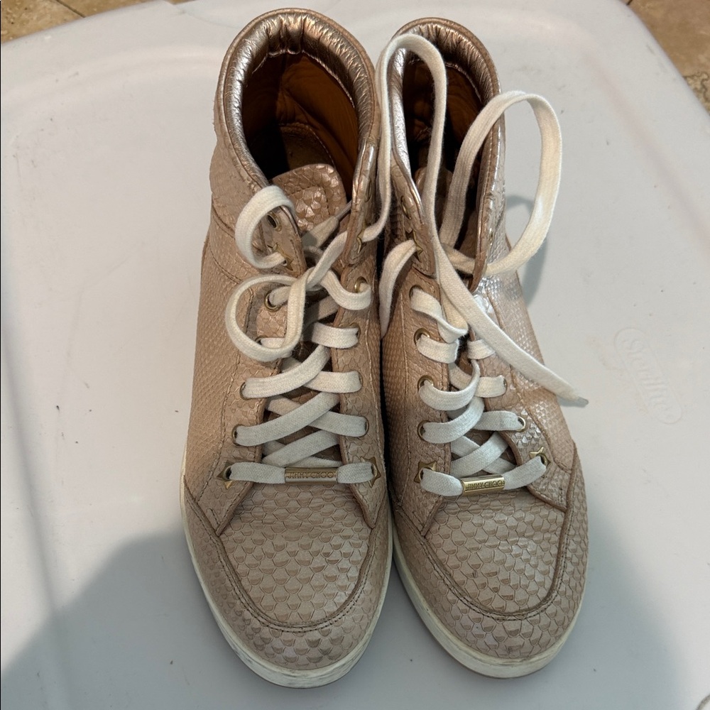 Jimmy Choo Women’s Metallic Taupe High-Top Sneakers